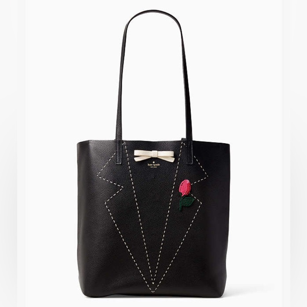 Kate Spade On Purpose Embroidered Leather Tote with tuxedo and boutonnière EUC